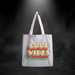 “Good Vibes Retro Canvas Tote Bag – Eco-Friendly Cotton Reusable Shopping Bag”