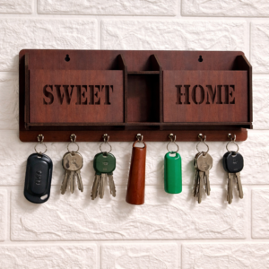 Wooden “Sweet Home” Wall Key Holder with Storage Shelf | Decorative Entryway Key Organizer