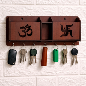 Wooden Om & Swastik Wall Key Holder with Storage Shelf | Spiritual Entryway Key Organizer