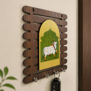 PNP Pichwai Wooden Key Holder 8x7 Inch | Wall Mounted Key Stand with 4 Hooks | Traditional Indian Home Décor