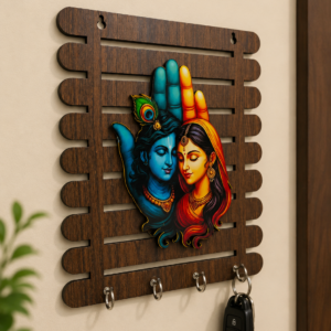 PNP Radha Krishna Wooden Key Holder 8x7 Inch | Wall Mounted Key Stand with 4 Hooks | Spiritual Home Décor for Entrance