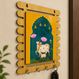 PNP Kamdhenu Cow Wooden Key Holder 8x7 Inch | Wall Mounted Key Stand with 4 Hooks | Traditional & Spiritual Home Décor